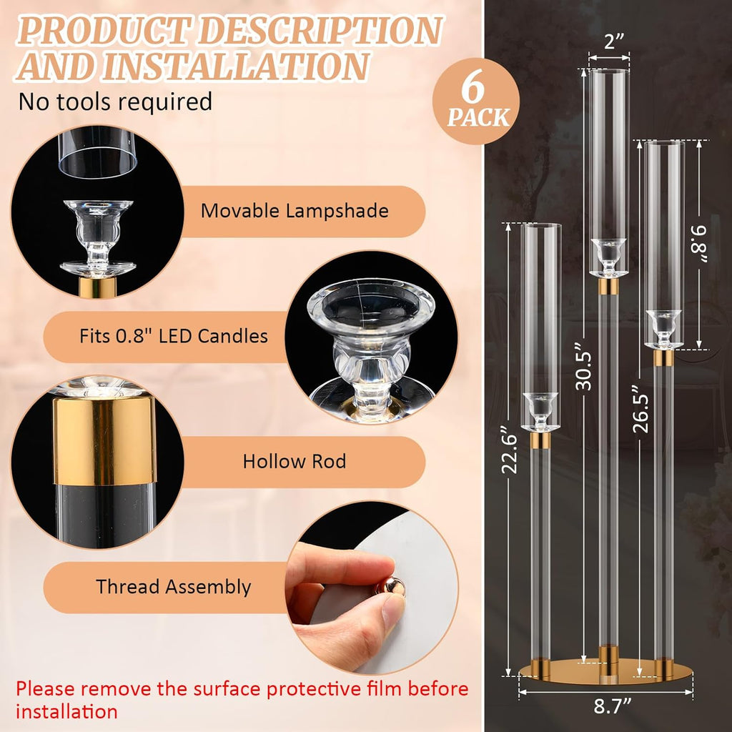 6 Pack Acrylic Candelabra Centerpieces 30.5'' Tall Clear Candle Holder Gold 3 Arm Crystal Candle Holder Candlesticks