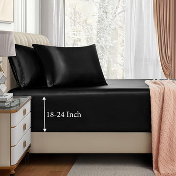 3pcs Extra Deep Pocket Satin Fitted Sheet Set Bed Set, Black Bottom Sheet Fit 18-24 Inch Deep Pocket Mattress