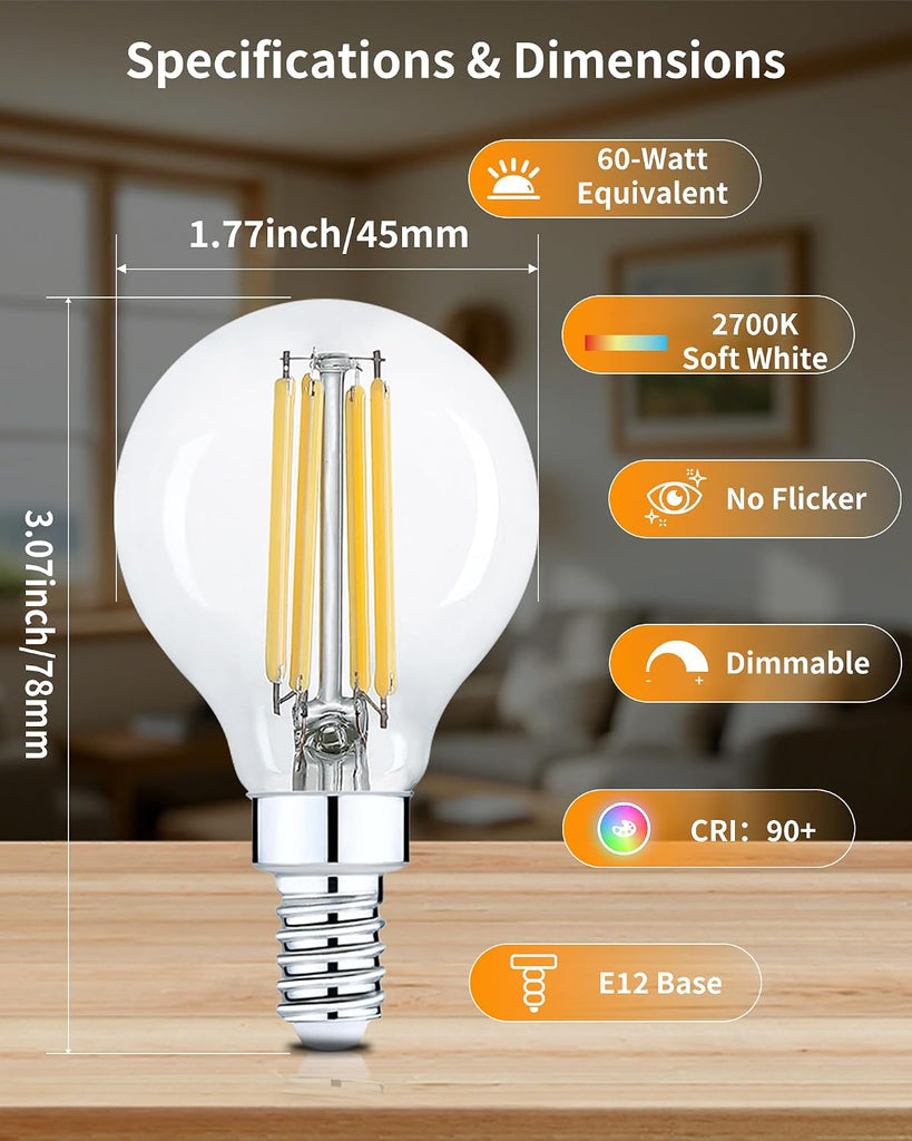 Round E12 Candelabra Bulbs G16.5 60W Equivalent, Dimmable LED Chandelier Light Bulb Soft White 2700K, Globe Lightbulb (6 Pack)