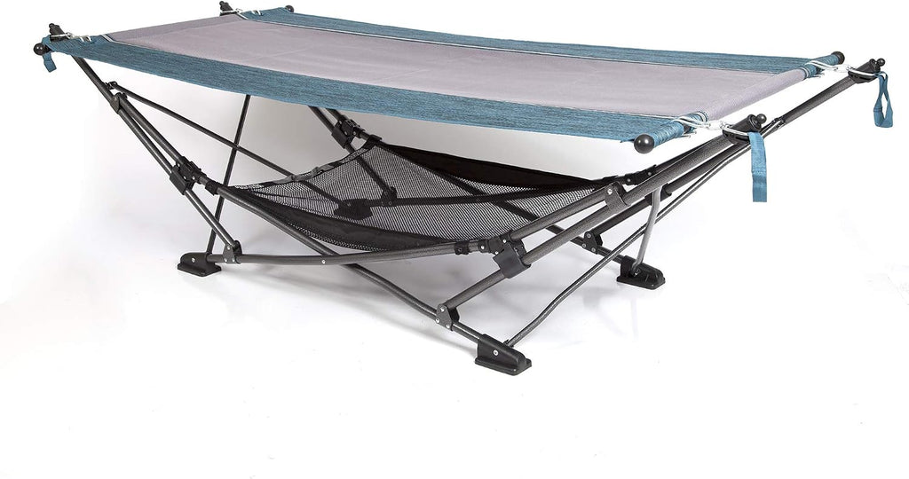 Collapsible Portable Folding Hammock with Removable Canopy - Includes Pillow and Mesh Storage Net, Freestanding