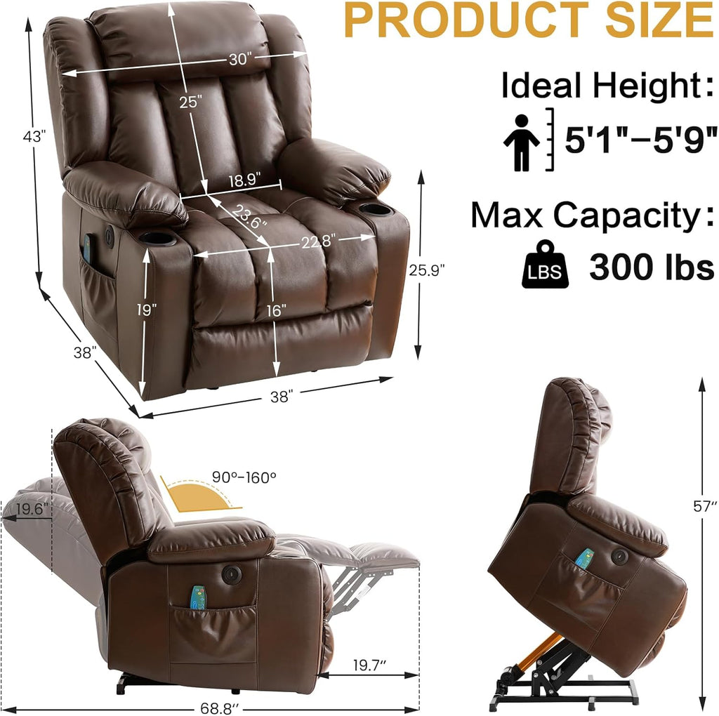 Power Lift Recliner Chair for Elderly & Seniors, Breathable Leather Electric Recliner with Vibration Massage & Lumbar