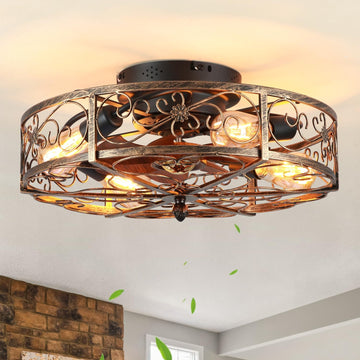 20'' Caged Ceiling Fan with Lights and Remote Control,Small Farmhouse Bladeless Low Profile Ceiling Fans Lights