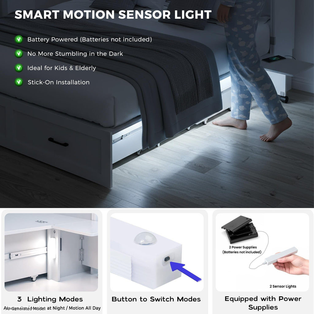 Murphy Bed with Storage & Charging Station, Queen Size Murphy Cabinet Bed Hideaway Bed with Motion Sensor Lights