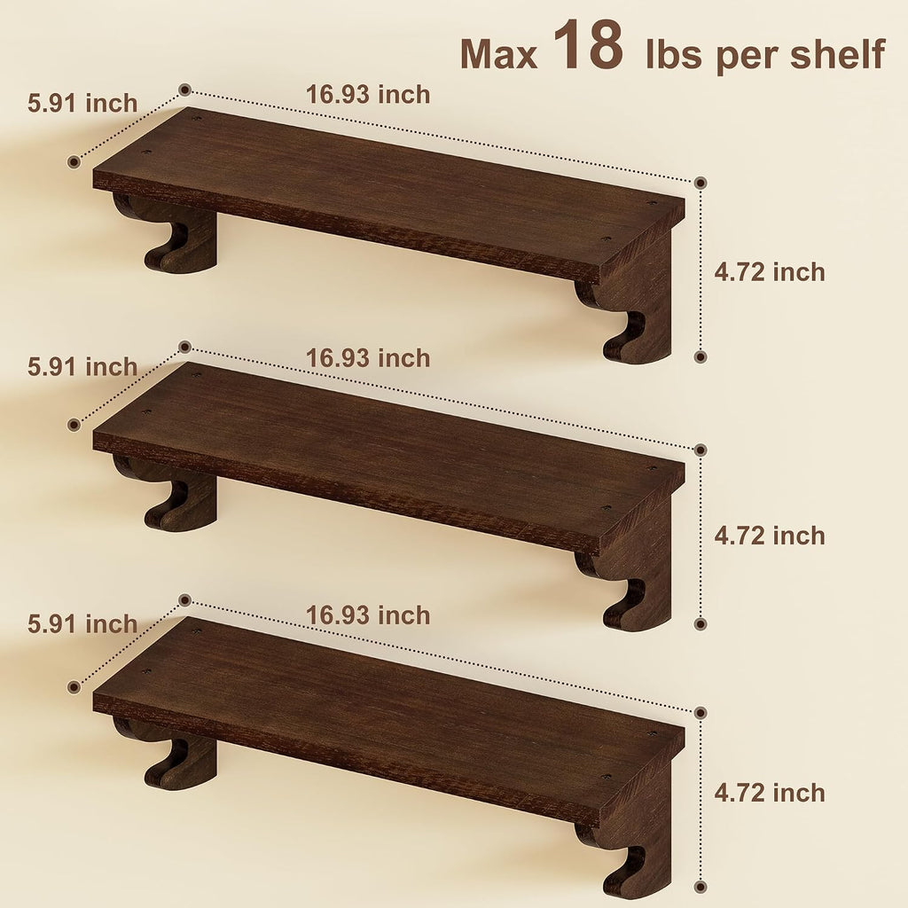 17-Inch Wood Floating Shelves for Wall 3-Pack, Light Walnut | Built-in hook brackets, pre-drilled easy assembly, 54