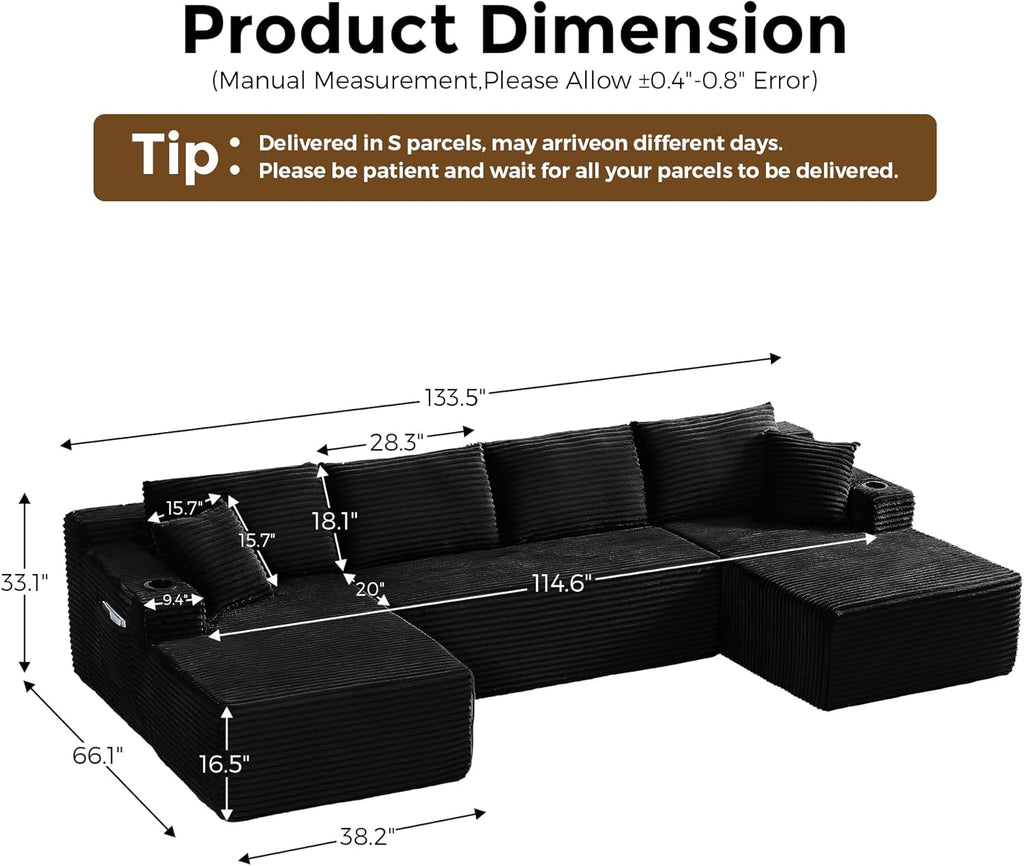 133" Oversized Cloud Boneless Sofa Couch with Chaise, Modern Corduroy U Shaped Modular Sectional Sofa with Deep Seat
