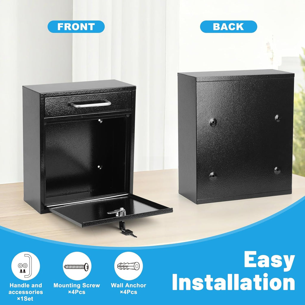 Steel Key Lock Mail Boxes Mailbox, Security Key Drop Box or Commercial, 12H x 10.5L x 4.6W Inches, Black Large