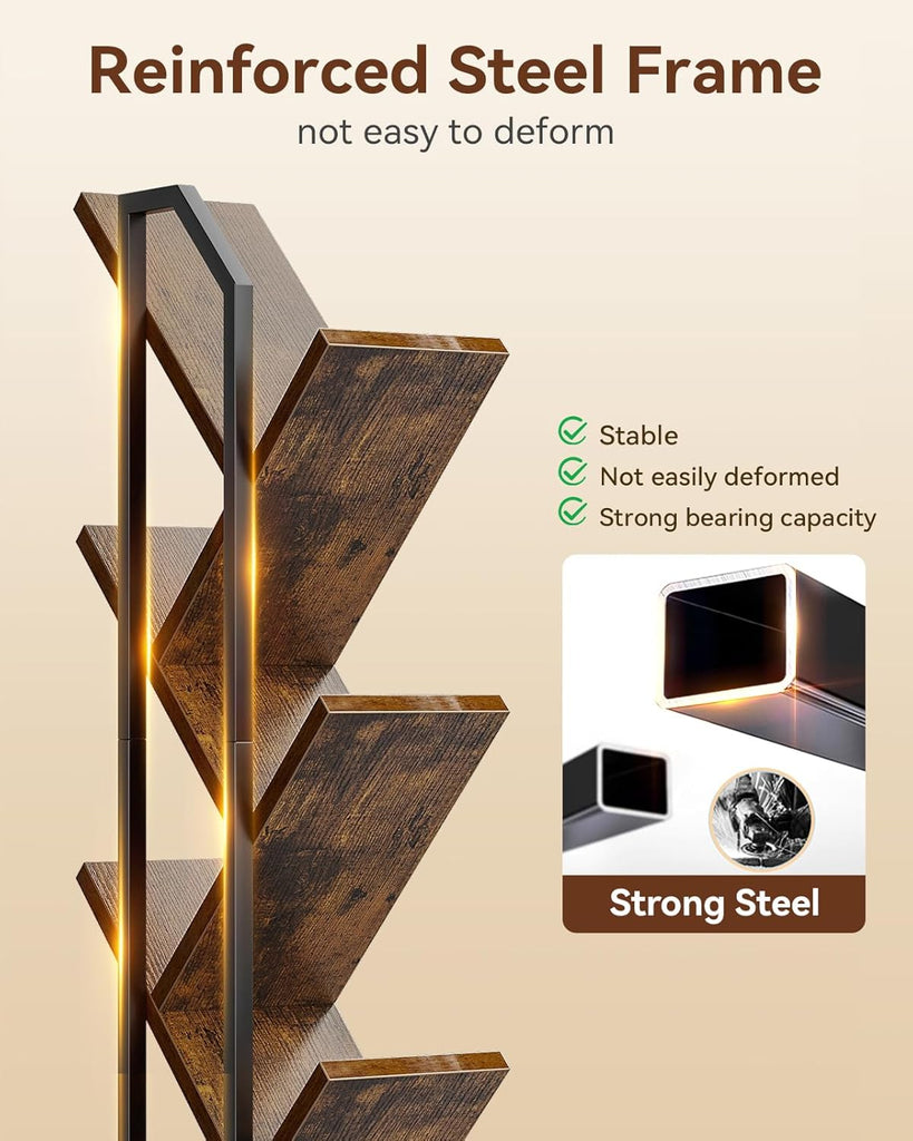 Tree Bookshelf with LED Lights, 6-Tier Narrow Bookcase for Small Spaces, Tall Steel & Wood Storage Shelf with Cabinet