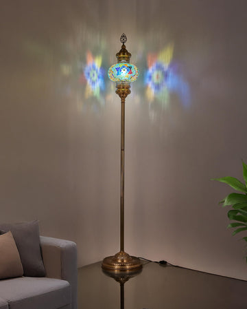 10" Diameter Largest Mosaic Globe Turkish Floor Lamp, Handmade Moroccan Standing Lamp, Antique Brass Finish, 5.5 ft