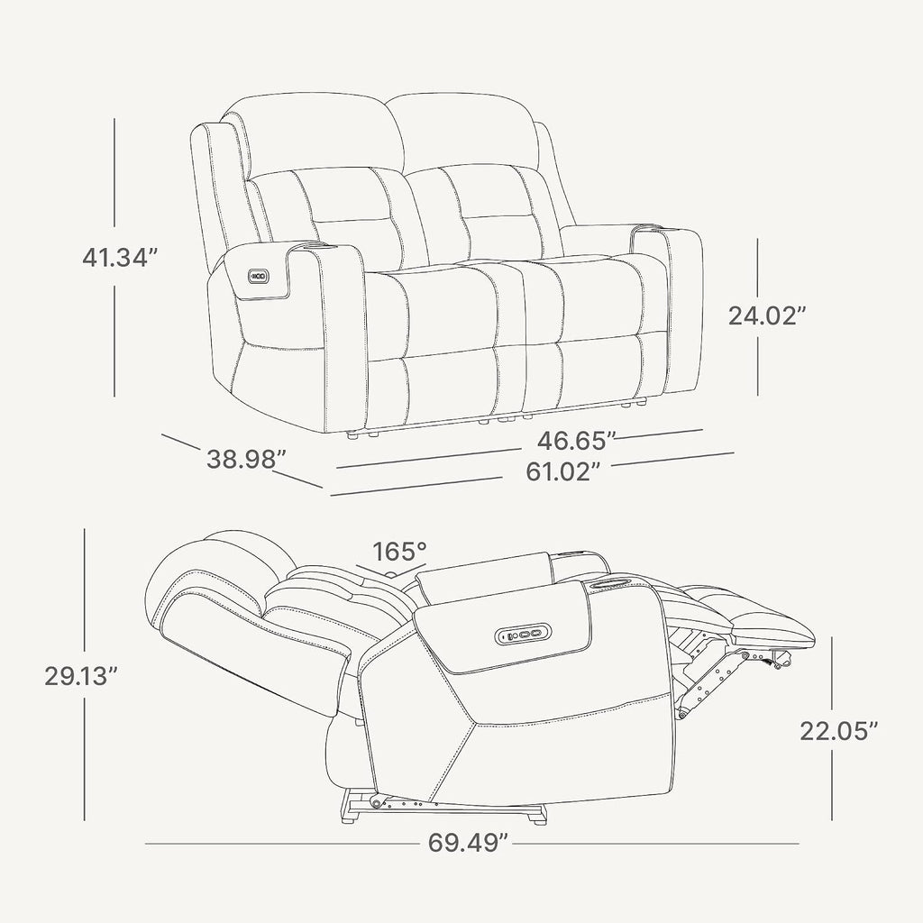 Genuine Leather Power Loveseat Recliner Sofa, Lay Flat Loveseat Reclining Sofa with Power Headrest, Cup Holders, USB
