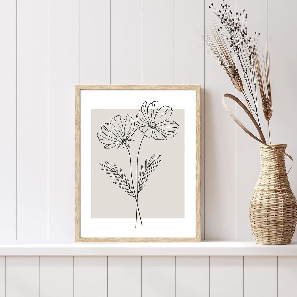 3 Piece Neutral Flower Framed Wall Art Beige Minimalist Floral Canvas Art Prints Boho Botanical Line Pictures Wall