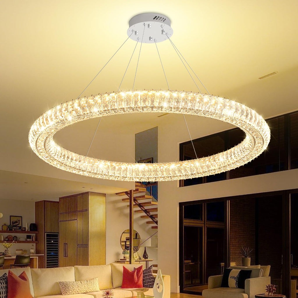Modern LED Crystal Ring Chandelier Dimmable 47.5" Ring Pendant Light Adjustable Round Crystal Chandelier Light Living
