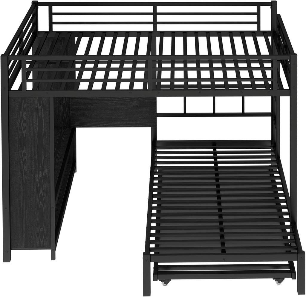 Queen Over Twin XL bunk Bed with Foldable Desk and Wardrobe and Twin Trundle, loft Bed with Desk and Desk