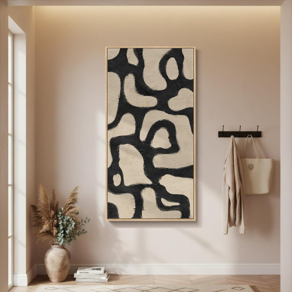 Framed Neutral Horizontal Abstract Wall Art, Extra Large Black and Beige Modern Painting Print, Mid Century Canvas