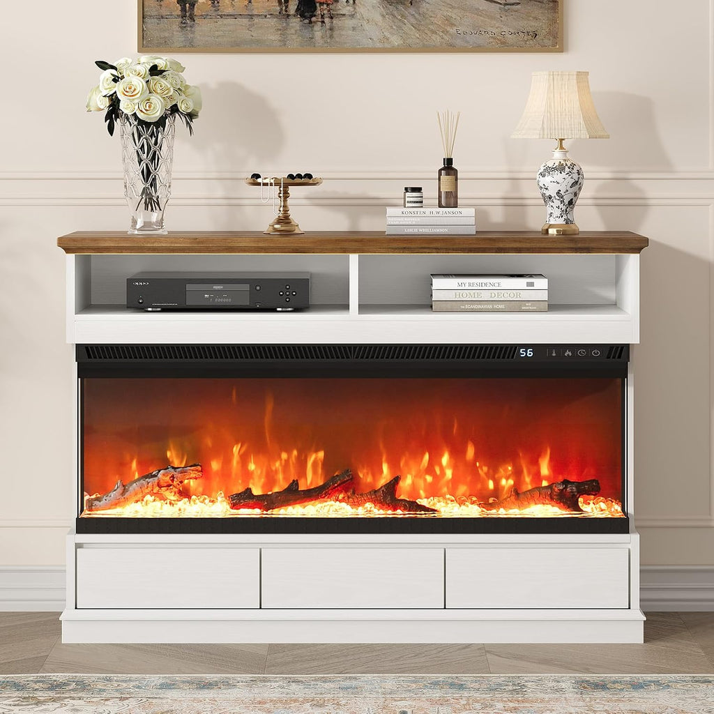 Fireplace TV Stand with 50" Electric Fireplace, Fireplace Entertainment Center with 3-Side Glass Insert, 3 Drawers