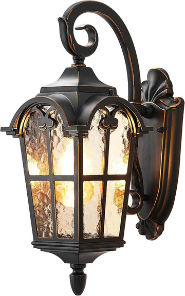 Outdoor Wall Light Fixtures, Black Roman 17.7" H Exterior Wall Lantern, Anti-Rust & Waterproof, Water Ripple Glass