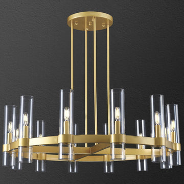 Inspired Ravelle Style 12 Light Brass Round Chandelier 36" Wagon Wheel Chandeliers for Dining Room Light Fixture Clear Glass Tube Chandelier Modern Farmhouse Chandeliers for LivingRoom Foyer, Bulb Included