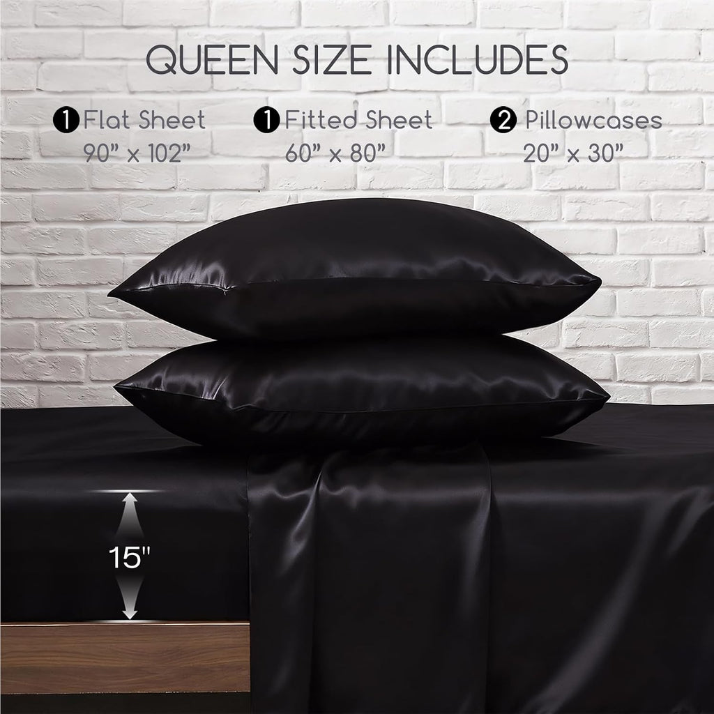Satin Bed Sheets, Sheets Set, 4 Pcs Silky Bedding Set with Elastic Corner Straps and 15 Inches Deep Pocket