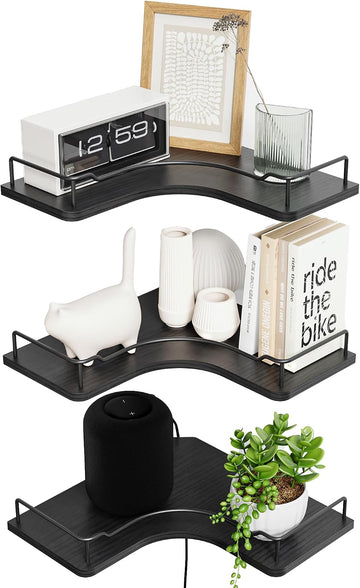 L-Shaped Corner Floating Shelves Set of 3,Rustic Wood Wall Mounted Storage Shelves,Display Shelf (Black)