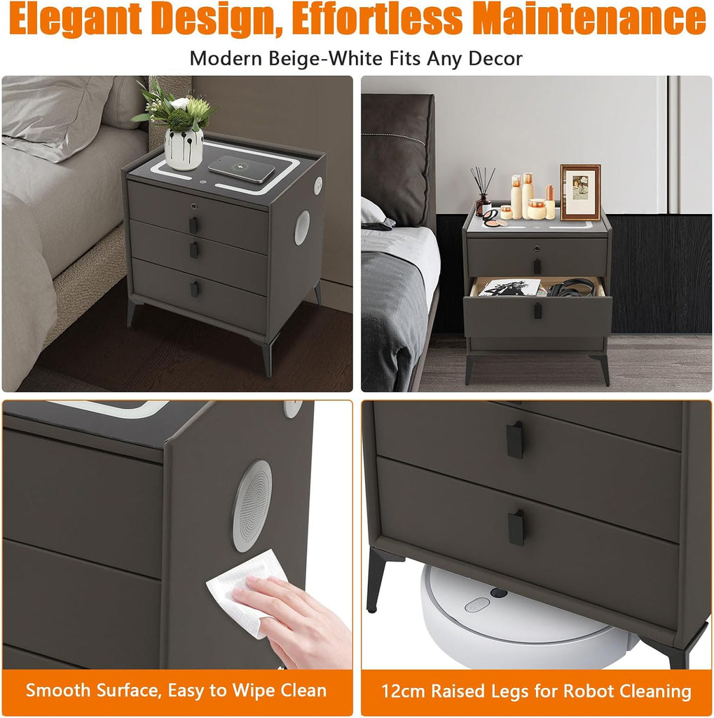 Smart Bedside Side Table w/USB Charging, Smart LED Nightstand w/Three-Color Light & Fingerprint Lock Drawer, Speaker