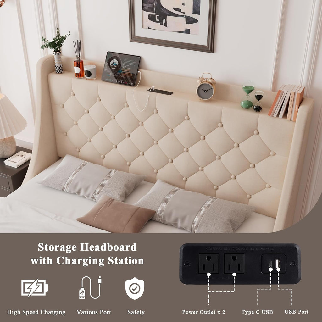 Upholstered Queen Bed Frame with 4 Storage Drawers, Charging Station and Tufted Wingback Storage Headboard