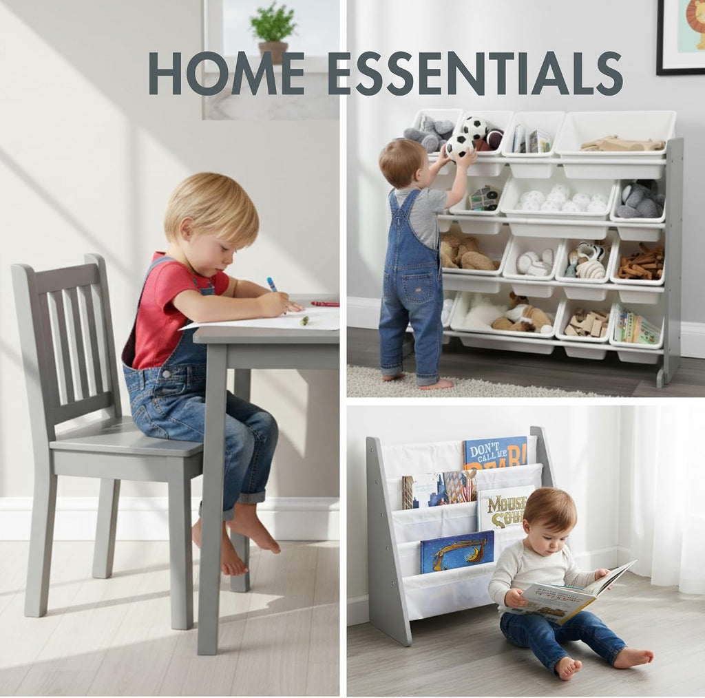 3 in 1 Kids Bookshelf, Toy Organizer and Rolling Toy Box, Wood | Toddler storage with removable fabric bins and pull