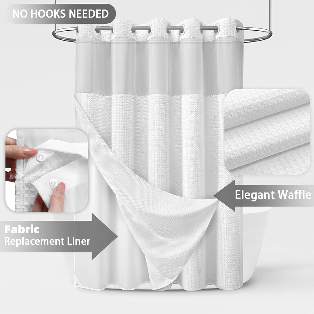 No Hook Shower Curtain with Snap in Fabric Liner,Waffle Hotel Style Waterproof Bathroom Curtain Set White 75" L x 72"