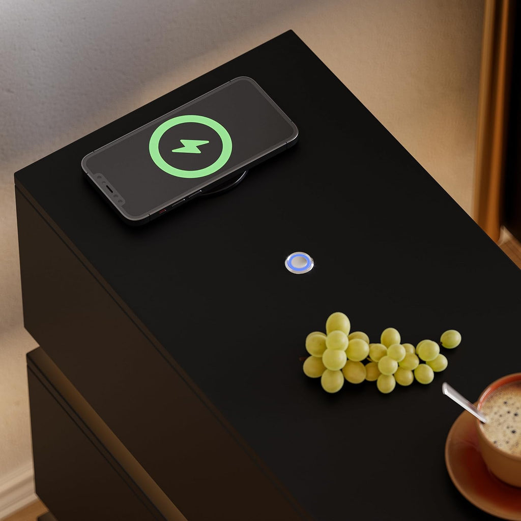 Narrow Smart Nightstand with Wireless Charging, USB & Type-C Ports, Modern LED Bedside Table with 3 Drawers, Black