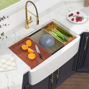 33 Inch White Farmhouse Sink Workstation Curved Apron Front Farm Sink with Slide Ledge Ceramic Porcelain Single Bowl