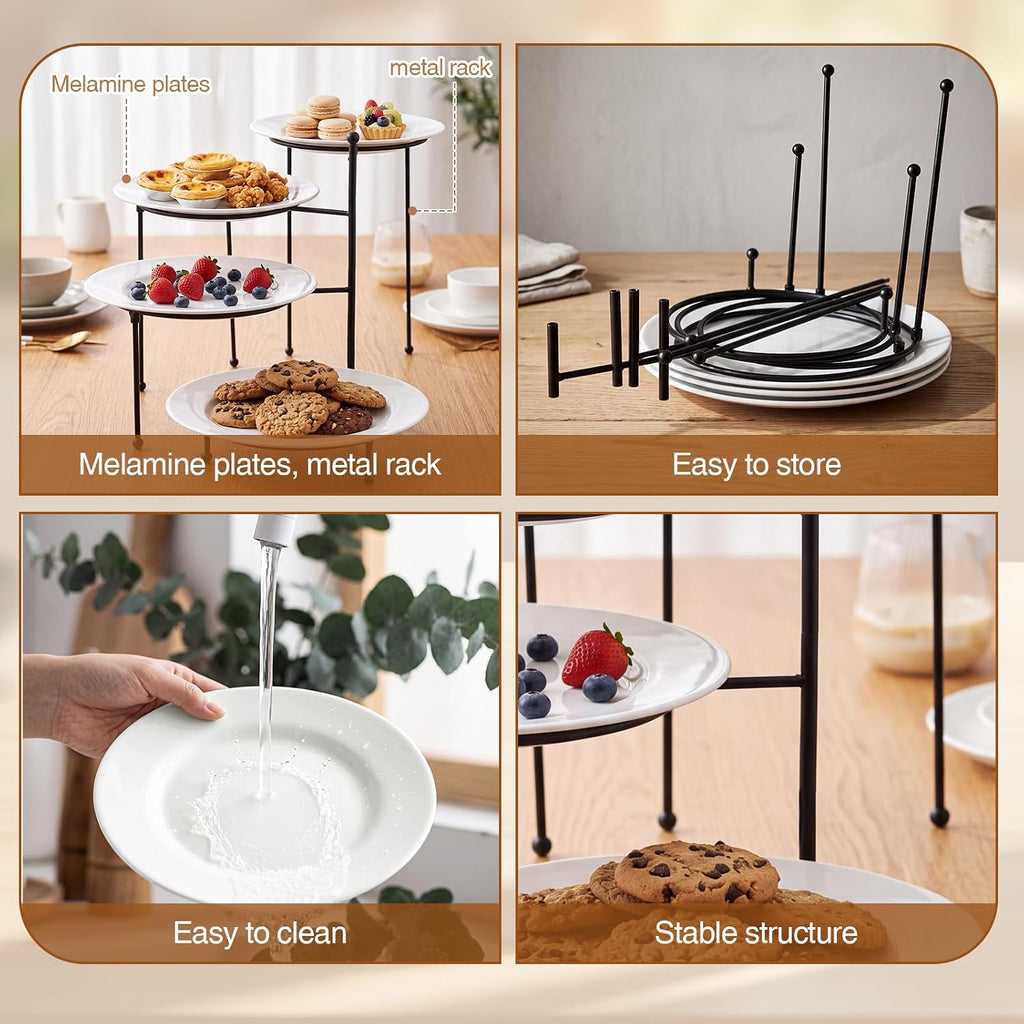 4 Tiered Serving Stand with 4 White Porcelain Plates 10 Inch Round Trays Black Metal Dessert Stand Rotating Serving