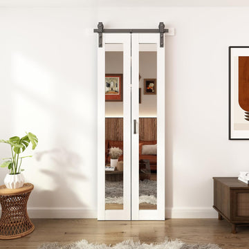 Bifold Barn Doors Mirror Closet Door, Bi fold Sliding Barn Doors with Hardware Include, Shatterproof