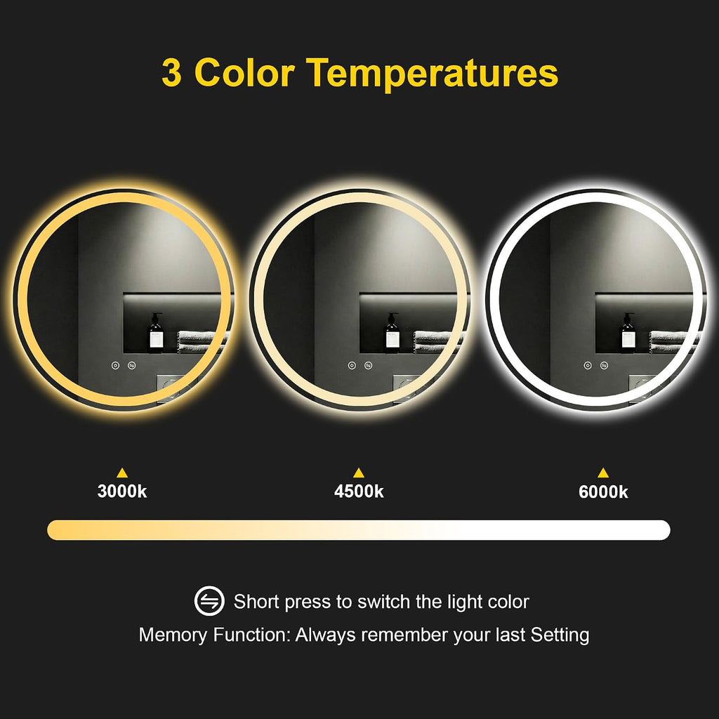 Round LED Bathroom Mirror with Lights, 24 Inch Circle Lighted Vanity Mirror, Anti-Fog, Dimmable 3 Colors