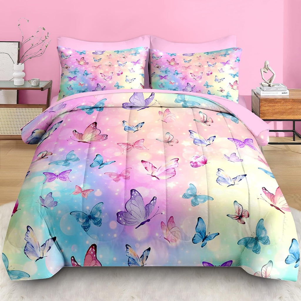 Comforter Set, Pink Blue Butterfly 5 Pcs Bedding for Kids and Adults, Colorful Rainbow Bed Sheet Sets