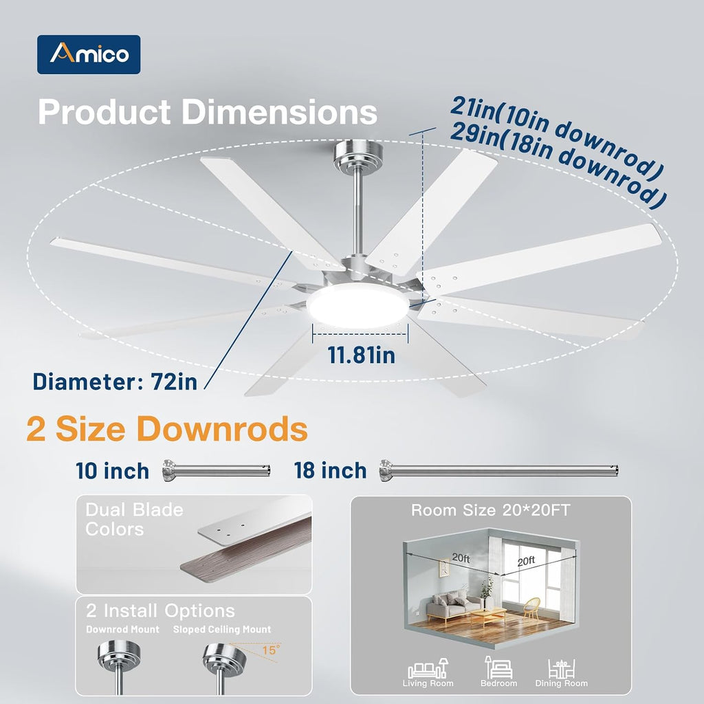 72 inch Brushed Nickel Ceiling Fan with Light, Large Modern Ceiling Fans with Remote, Reversible DC Motor