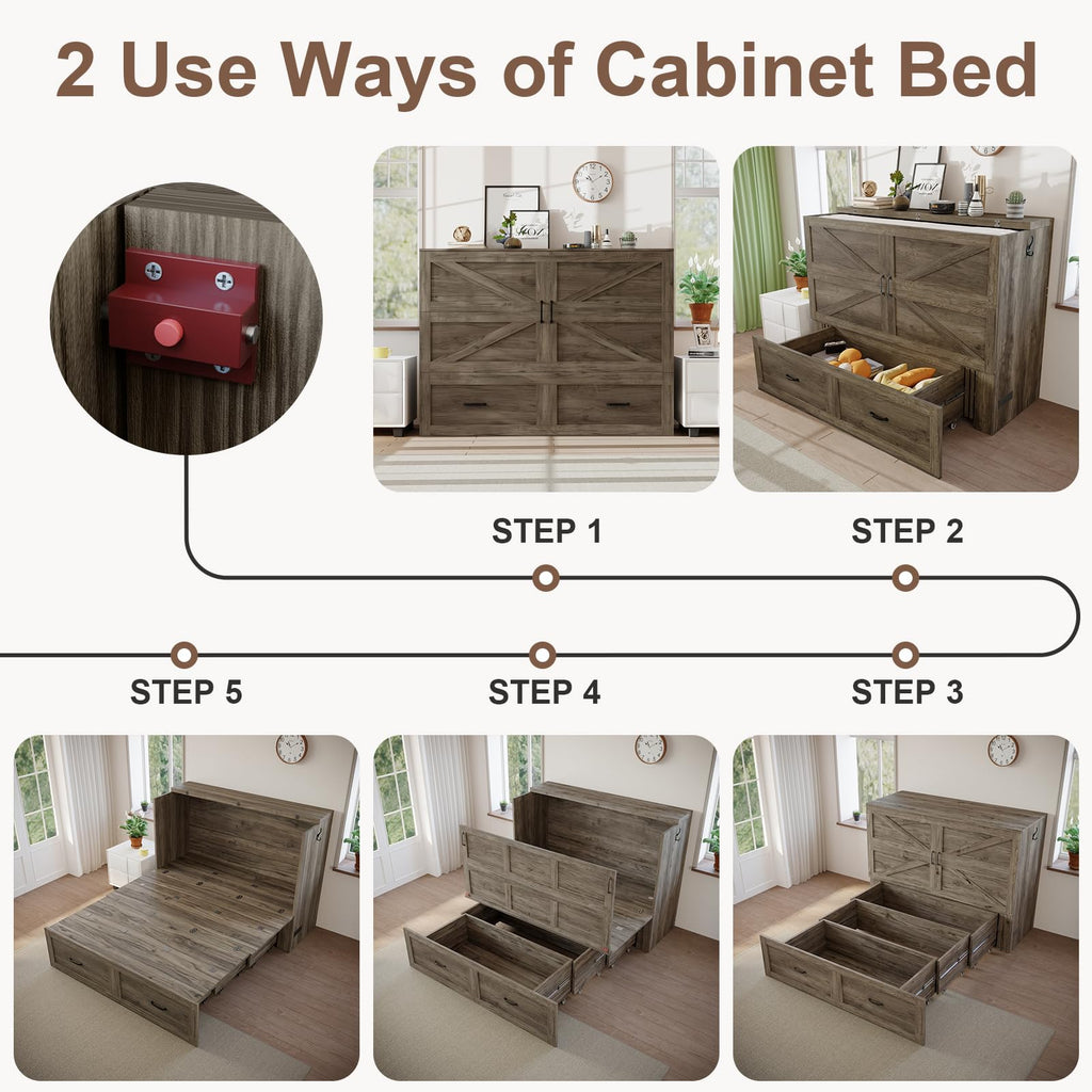 Murphy Bed with Storage & Charging Station, Murphy Cabinet Bed with Large Drawer for Guest Bedroom, Living Room