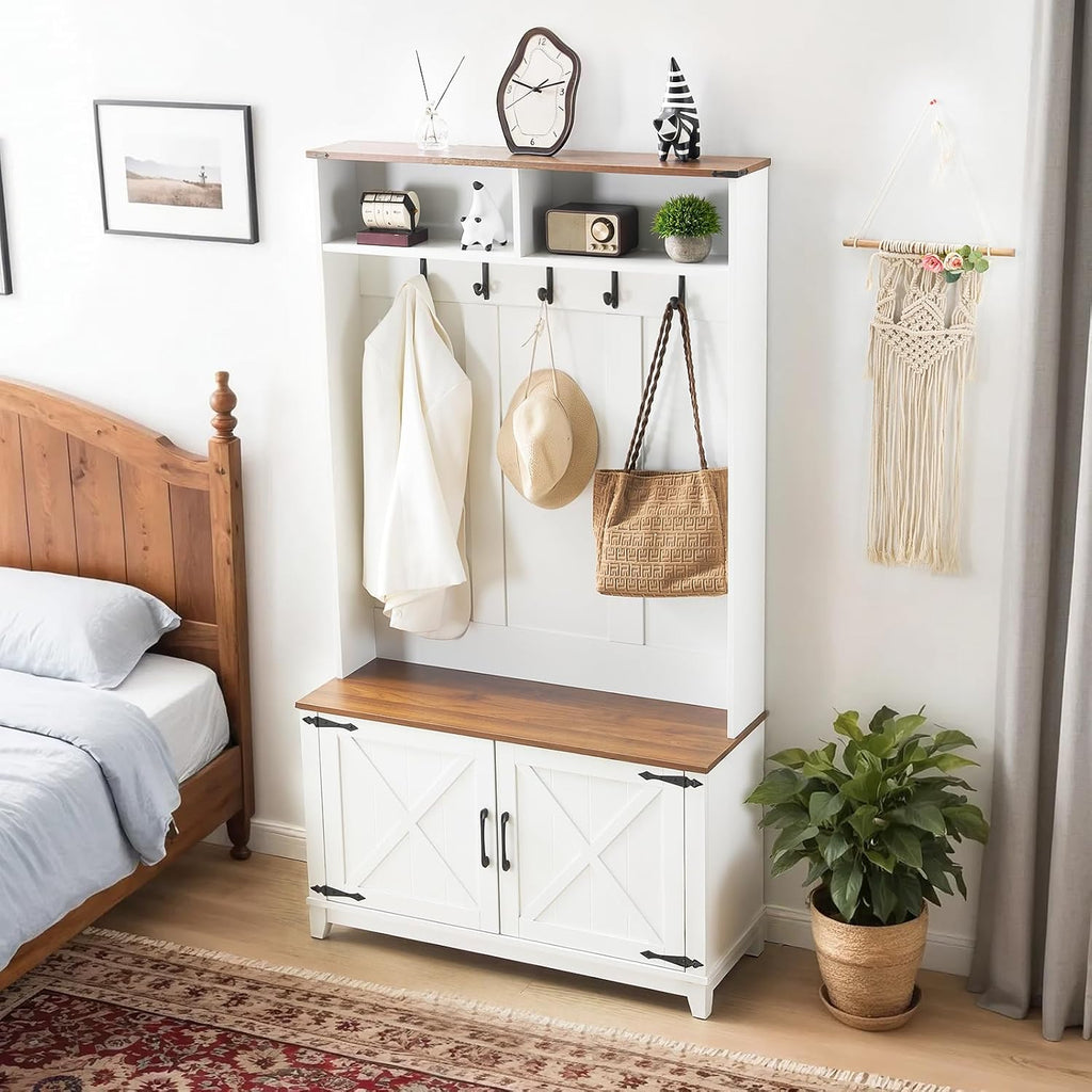 38" Farmhouse Hall Tree with Bench and Shoe Storage, Entryway Bench with Coat Rack, 2 Open Compartments, 5 Coat