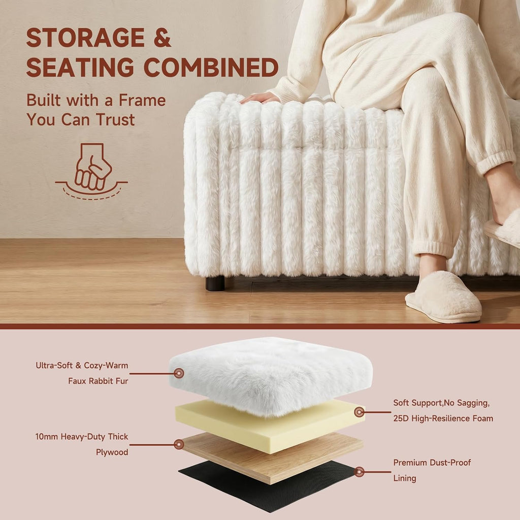 46" Storage Ottoman Bench, 30 Gallon Long Faux Fur Storage with Handles & Soft-Close Hinged Lid for Blankets and