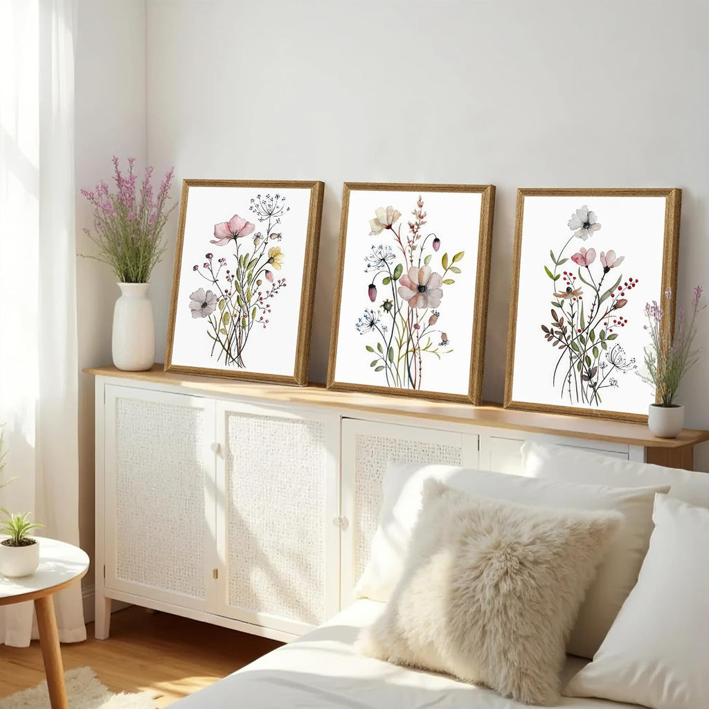 Framed Botanical Canvas Wall Art Set of 3, Watercolor Floral Prints, Framed Flower Wall Decor Bathroom Living Room