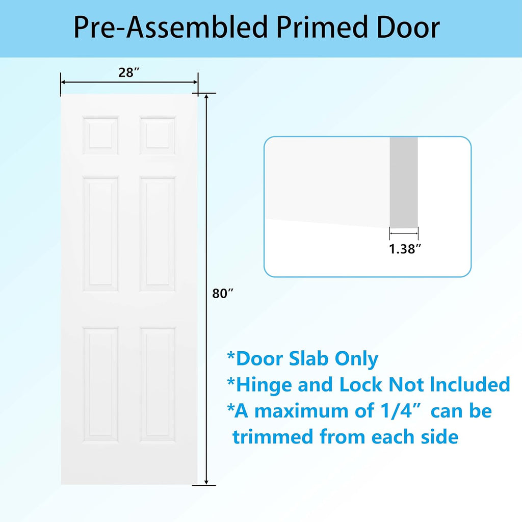 28"x80" Raised 6-Panel Textured White Primed Hollow Core Interior Molded Door Slab, NOT Pre-drilled and NOT Included Hardware, Paintable Interior Door for Pantry, Laundry, Office