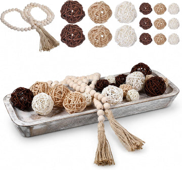 Wooden Dough Bowl Decor, Wood Dough Bowl Wicker Rattan Balls Beads String with Tassel, Wood Rustic Dough-Bowl - Set of 20