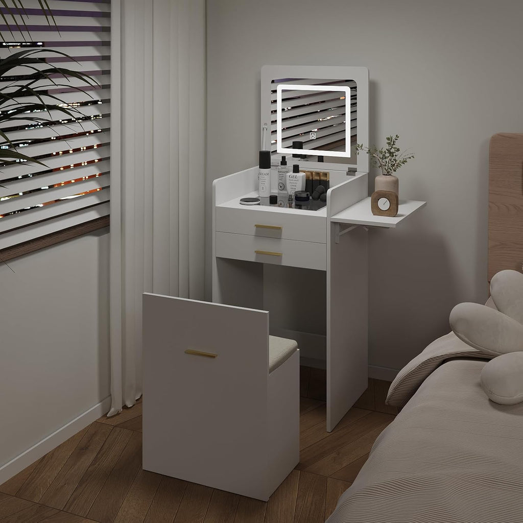 Small Vanity with Chair 3 in 1 Vanity Desk with Flip Top Mirror | White Small Makeup Table Set with Fold-up Panel &