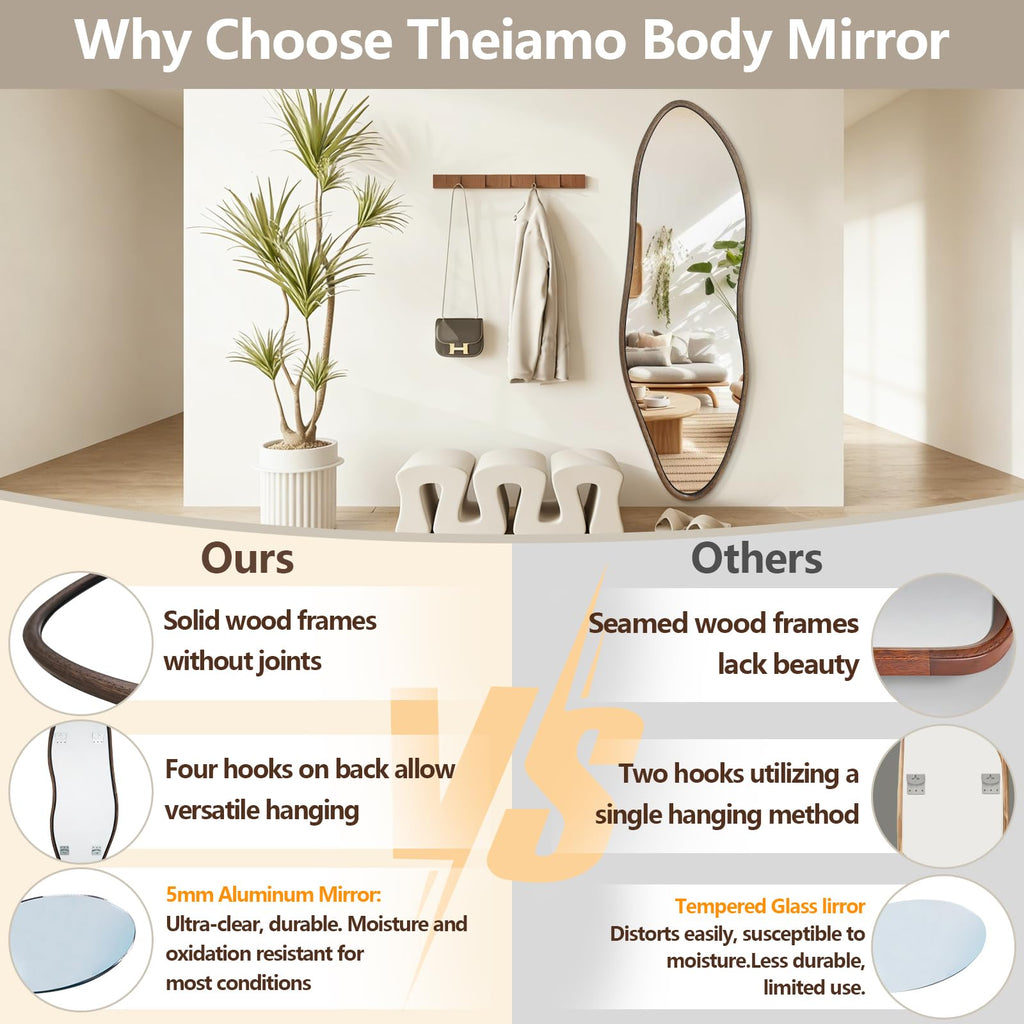 65"x22" Irregular Full Length Mirror, Rustic Wood Full Body Mirror