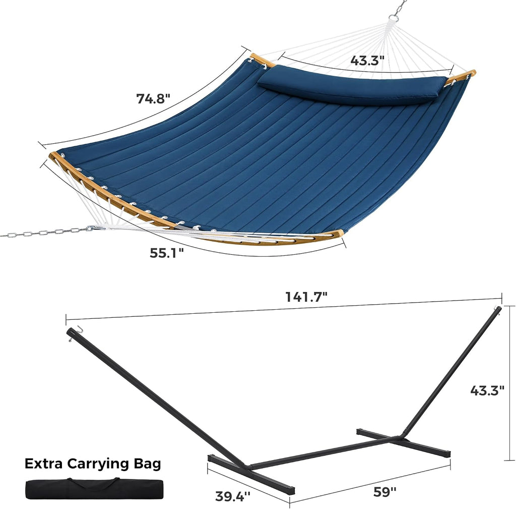 Curved-Bar Hammock with Stand, 2 Person Heavy Duty Hammock Frame, Detachable Pillow & Portable Carrying Bag, Perfect