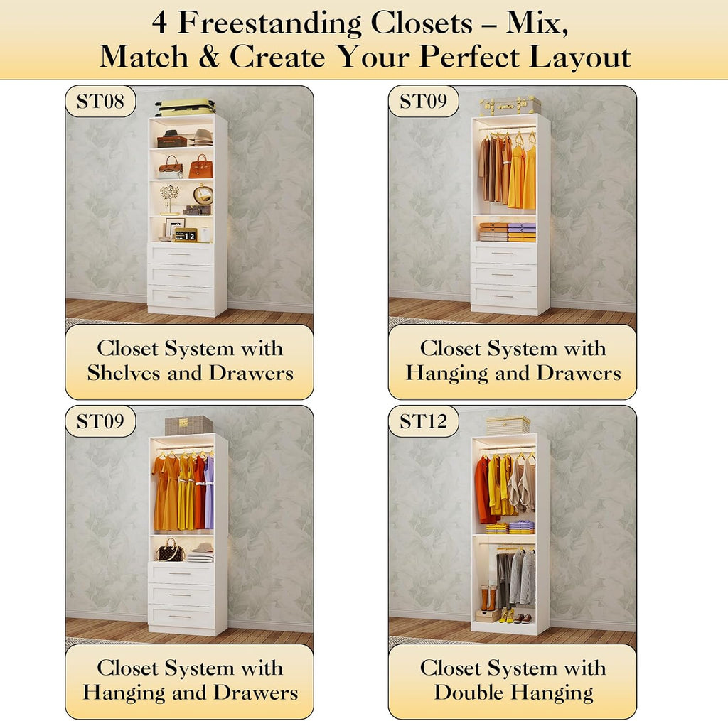 Closet System with 4 Sets, 8-21FT Closet Organizer System with 9 Drawers & 6 Shelves & 8Hanging Rods, Custom L-Shaped
