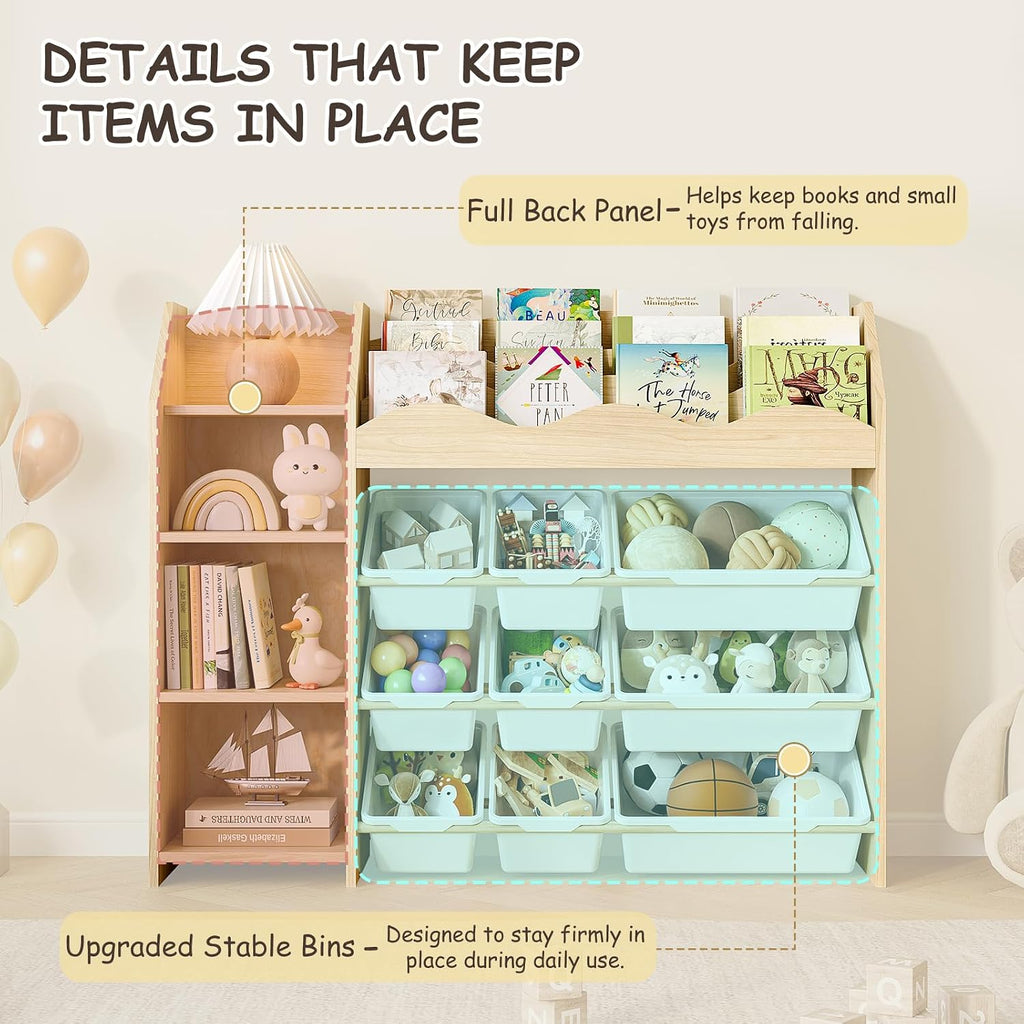 Toy Storage Organizer, Scalloped Bookshelf, 4 Toy Shelves, 9 Bins | Scalloped top book display, 4-tier side shelves