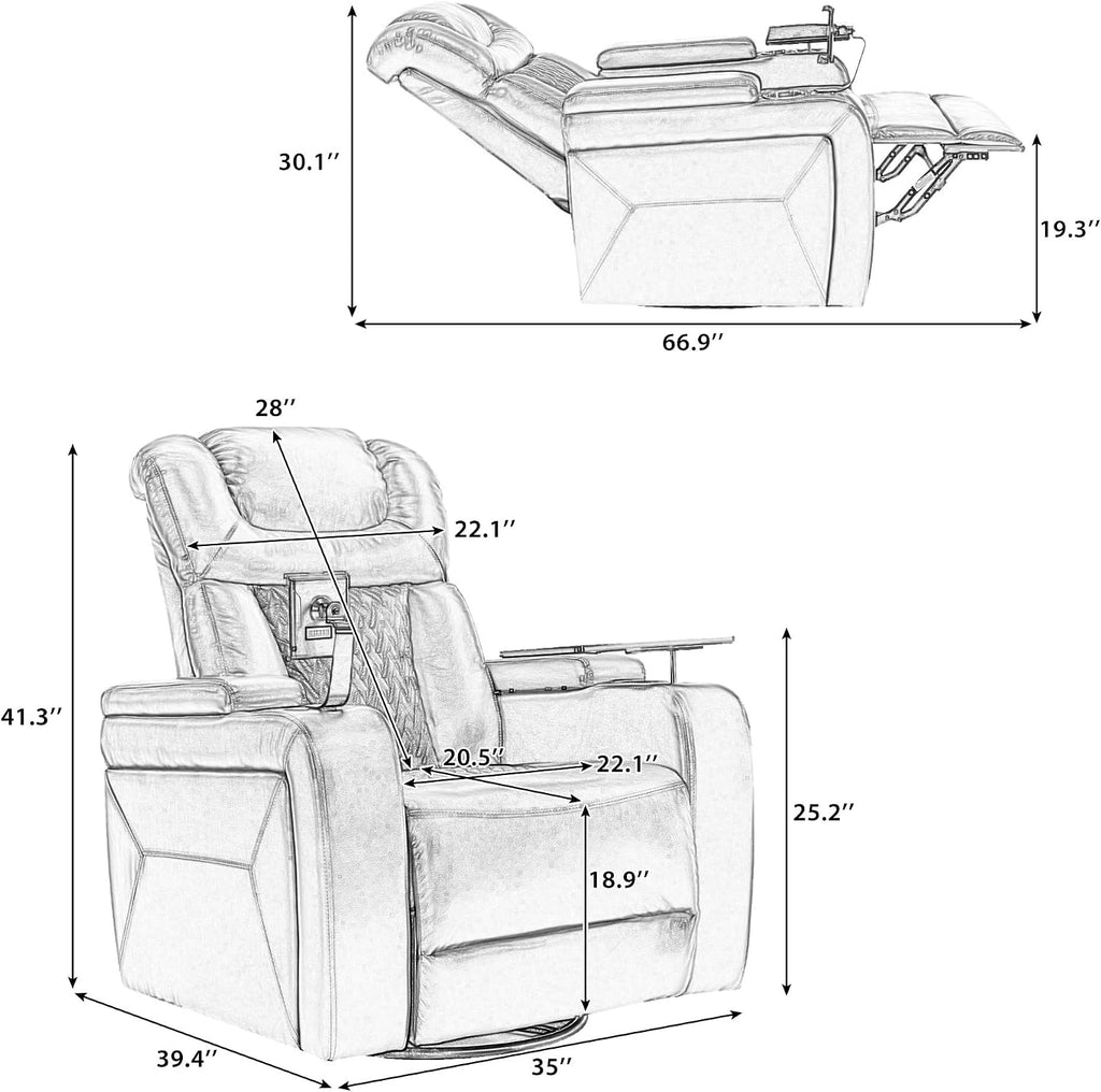 Electric Recliner Chair with USB Charge Port, 360 Swivel Tray Table, Hand in-Arm Storage, and Cup Holders