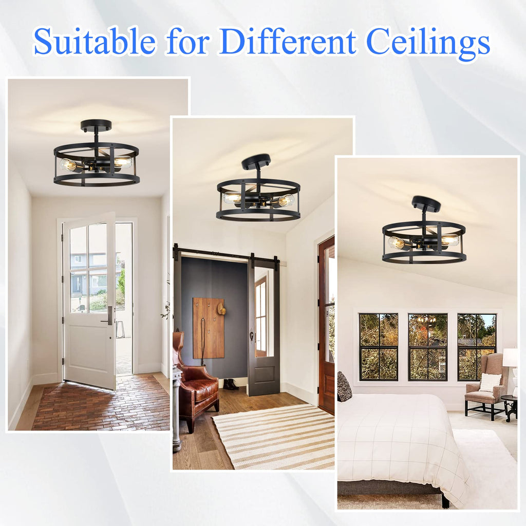 Semi Ceiling Light Fixture, 3-Light Black Flush Mount Ceiling Light, 13 Inch Hallway Light fixtures Ceiling, Light