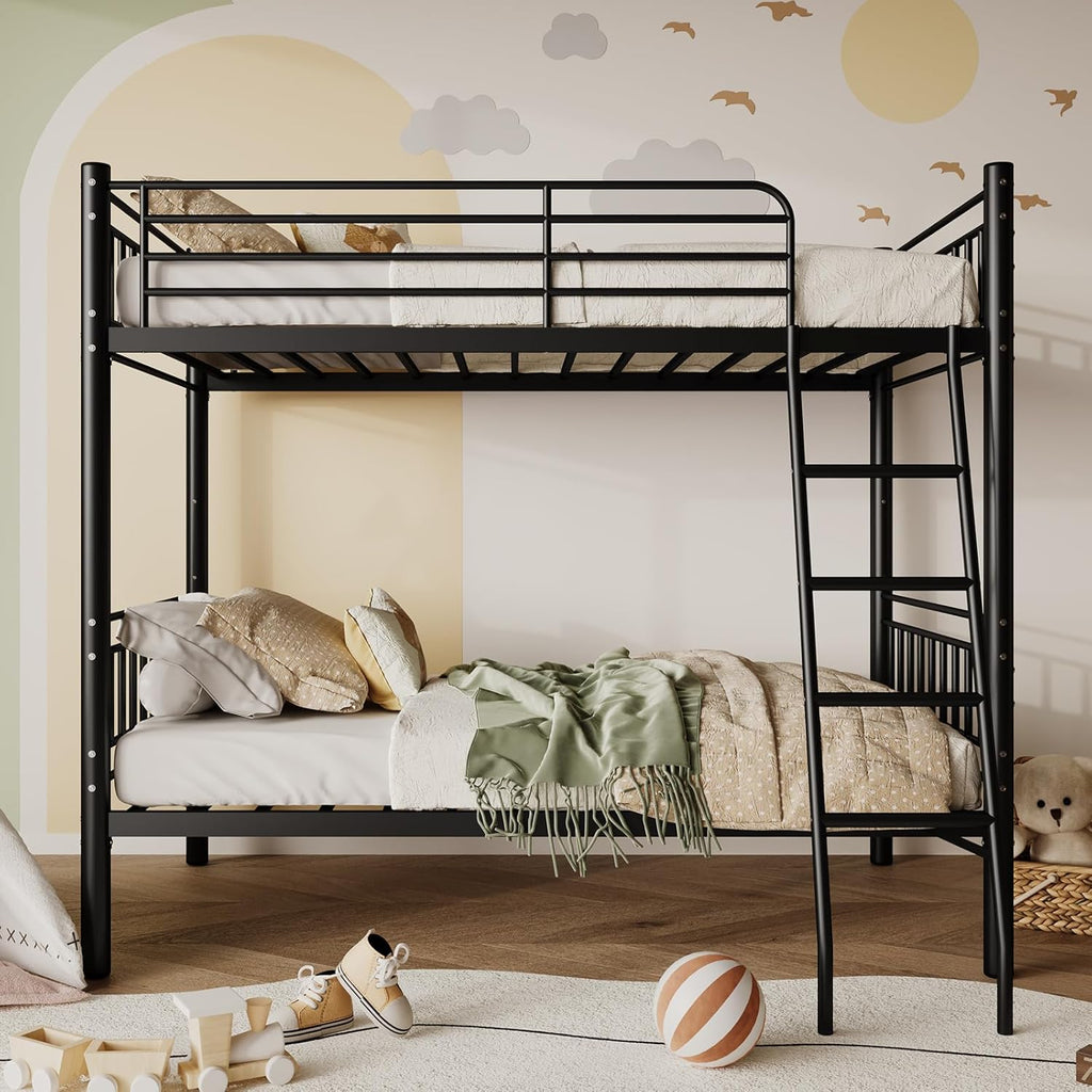 Bunk Bed Twin Over Twin, Metal Bed Frame, Twin Bunk Bed with Stairs and Safety Guardrail, No Box Spring Needed