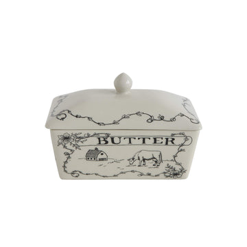 Country Stoneware Butter Dish with "Spread the Love" Message and Farm Landscape Design, White and Black