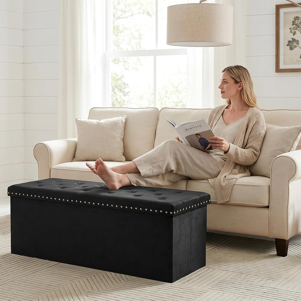 Black Storage Ottoman Bench , Folding Velvet Chest with Benches Foot Rest Stool, Large Long Shoes Chest