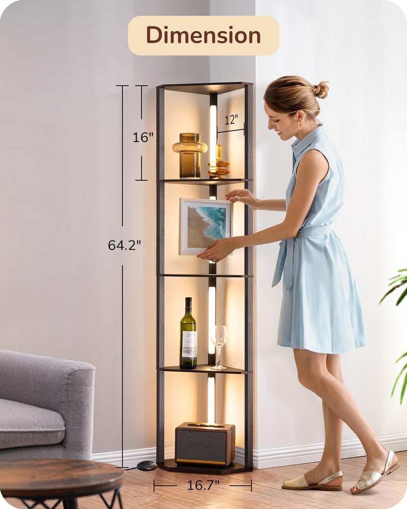 64'' Corner Shelf Floor Lamp, 3CCT, Black Walnut